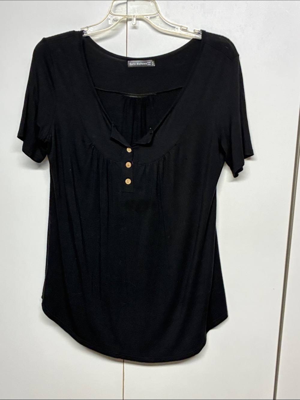 Sarin Michaels Black Scoop Neck Henley Top Lightweight Short Sleeve Blouse